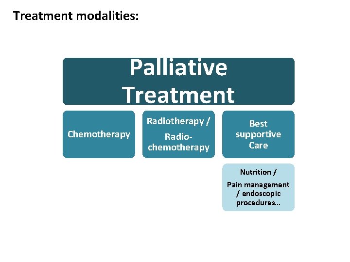 Treatment modalities: Palliative Treatment Chemotherapy Radiotherapy / Radiochemotherapy Best supportive Care Nutrition / Pain