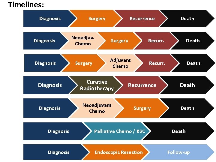 Timelines: Diagnosis Surgery Recurrence Death Diagnosis Neoadjuv. Chemo Surgery Recurr. Death Diagnosis Surgery Adjuvant