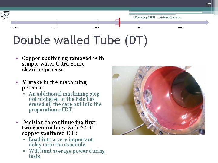 17 SPL meeting, CERN 2009 2010 2011 2012 Double walled Tube (DT) • Copper