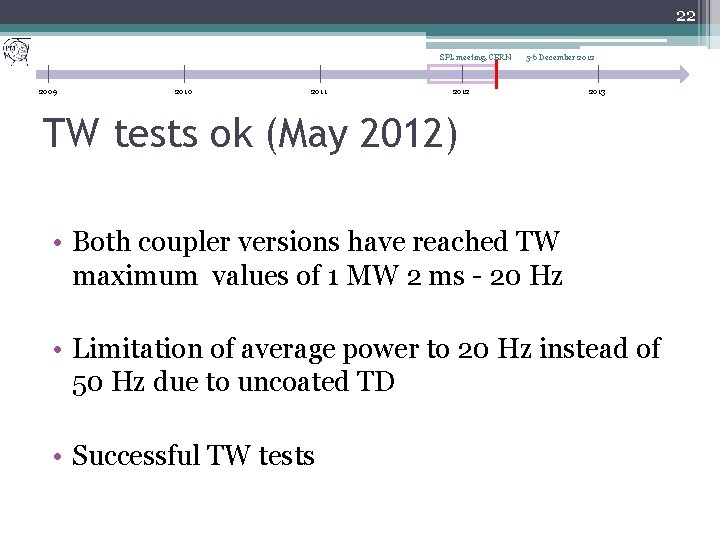 22 SPL meeting, CERN 2009 2010 2011 5 -6 December 2012 2013 TW tests
