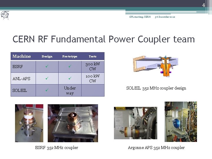 4 SPL meeting, CERN 5 -6 December 2012 CERN RF Fundamental Power Coupler team