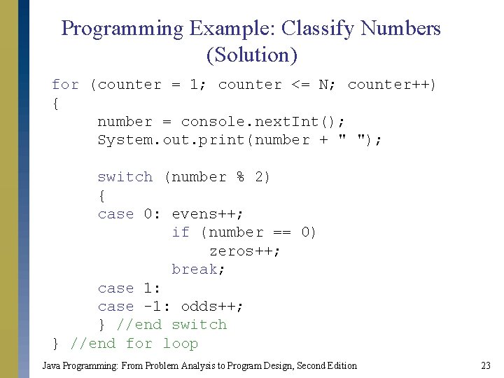 Programming Example: Classify Numbers (Solution) for (counter = 1; counter <= N; counter++) {