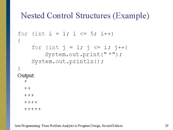 Nested Control Structures (Example) for (int i = 1; i <= 5; i++) {