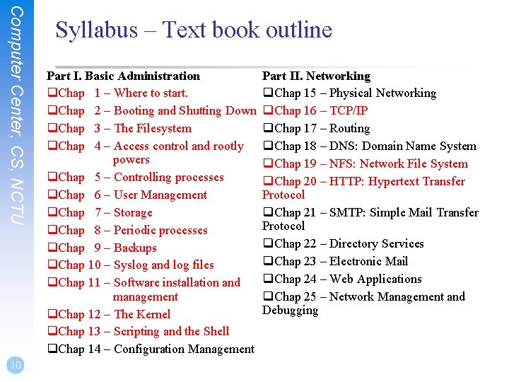 Computer Center, CS, NCTU 10 Syllabus – Text book outline Part I. Basic Administration