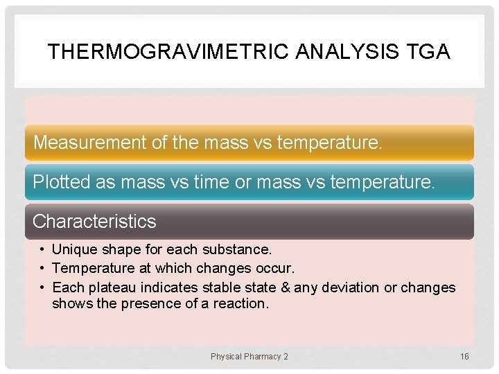 THERMOGRAVIMETRIC ANALYSIS TGA Measurement of the mass vs temperature. Plotted as mass vs time