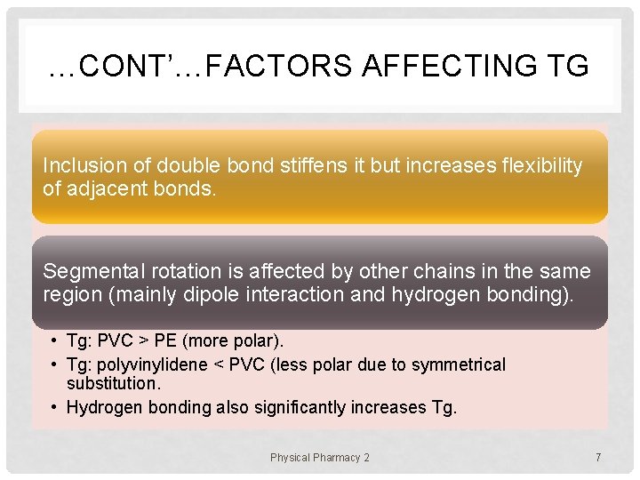 …CONT’…FACTORS AFFECTING TG Inclusion of double bond stiffens it but increases flexibility of adjacent