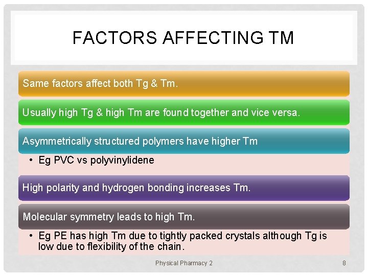 FACTORS AFFECTING TM Same factors affect both Tg & Tm. Usually high Tg &