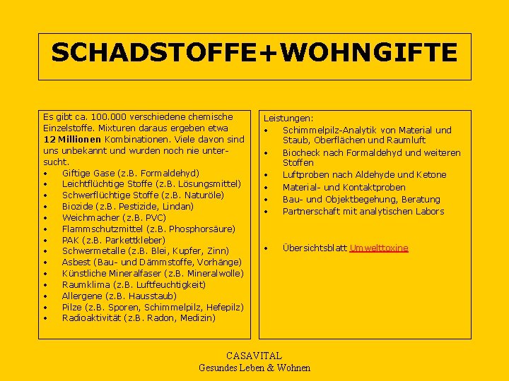 SCHADSTOFFE+WOHNGIFTE Es gibt ca. 100. 000 verschiedene chemische Einzelstoffe. Mixturen daraus ergeben etwa 12