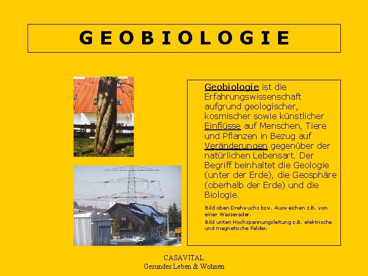 GEOBIOLOGIE Geobiologie ist die Erfahrungswissenschaft aufgrund geologischer, kosmischer sowie künstlicher Einflüsse auf Menschen, Tiere