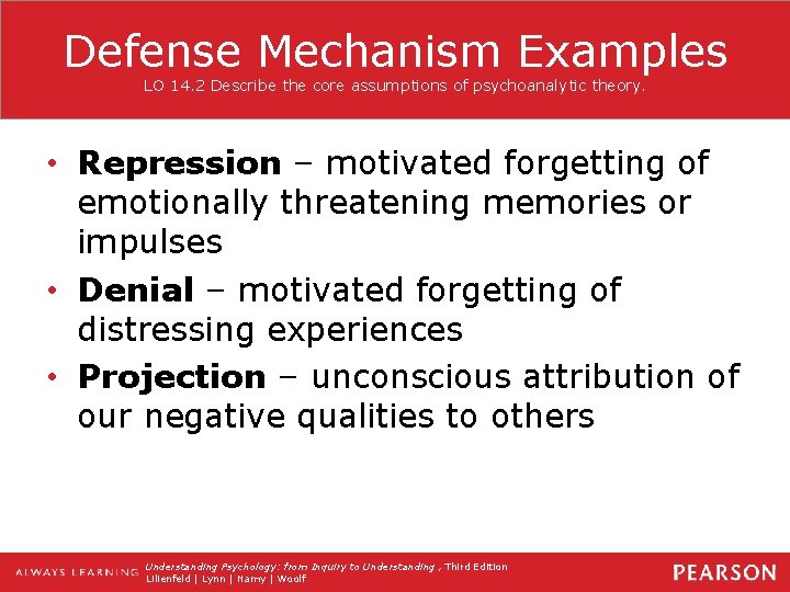 Defense Mechanism Examples LO 14. 2 Describe the core assumptions of psychoanalytic theory. •