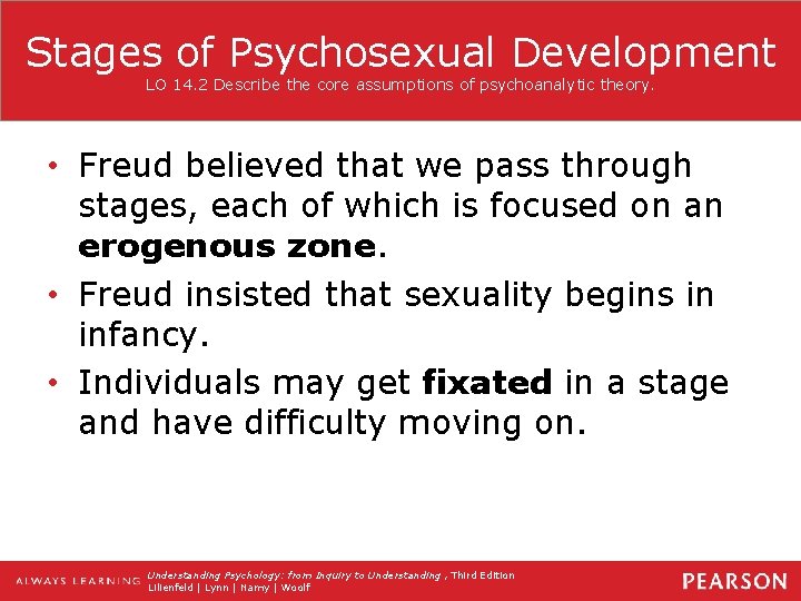 Stages of Psychosexual Development LO 14. 2 Describe the core assumptions of psychoanalytic theory.