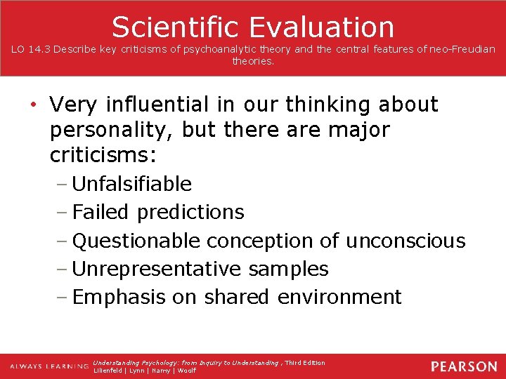 Scientific Evaluation LO 14. 3 Describe key criticisms of psychoanalytic theory and the central