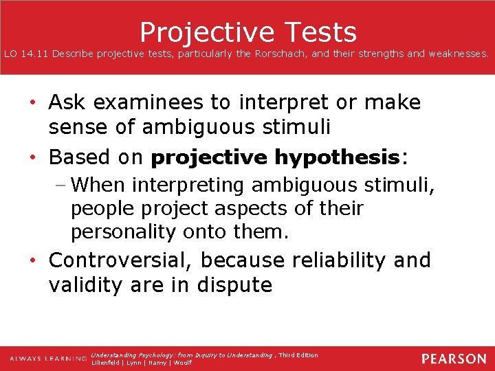 Projective Tests LO 14. 11 Describe projective tests, particularly the Rorschach, and their strengths