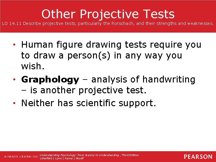 Other Projective Tests LO 14. 11 Describe projective tests, particularly the Rorschach, and their