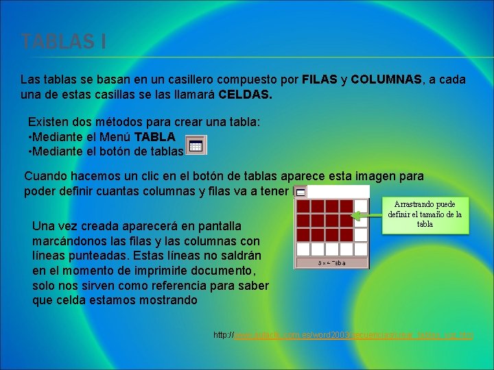 TABLAS I Las tablas se basan en un casillero compuesto por FILAS y COLUMNAS, TABLAS I Las tablas se basan en un casillero compuesto por FILAS y COLUMNAS,