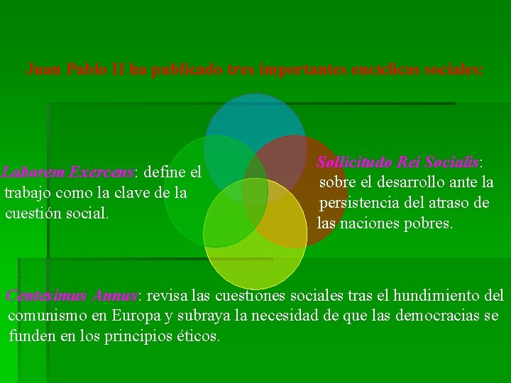 Juan Pablo II ha publicado tres importantes encíclicas sociales: Laborem Exercens: define el trabajo