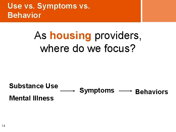 Use vs. Symptoms vs. Behavior As housing providers, where do we focus? Substance Use