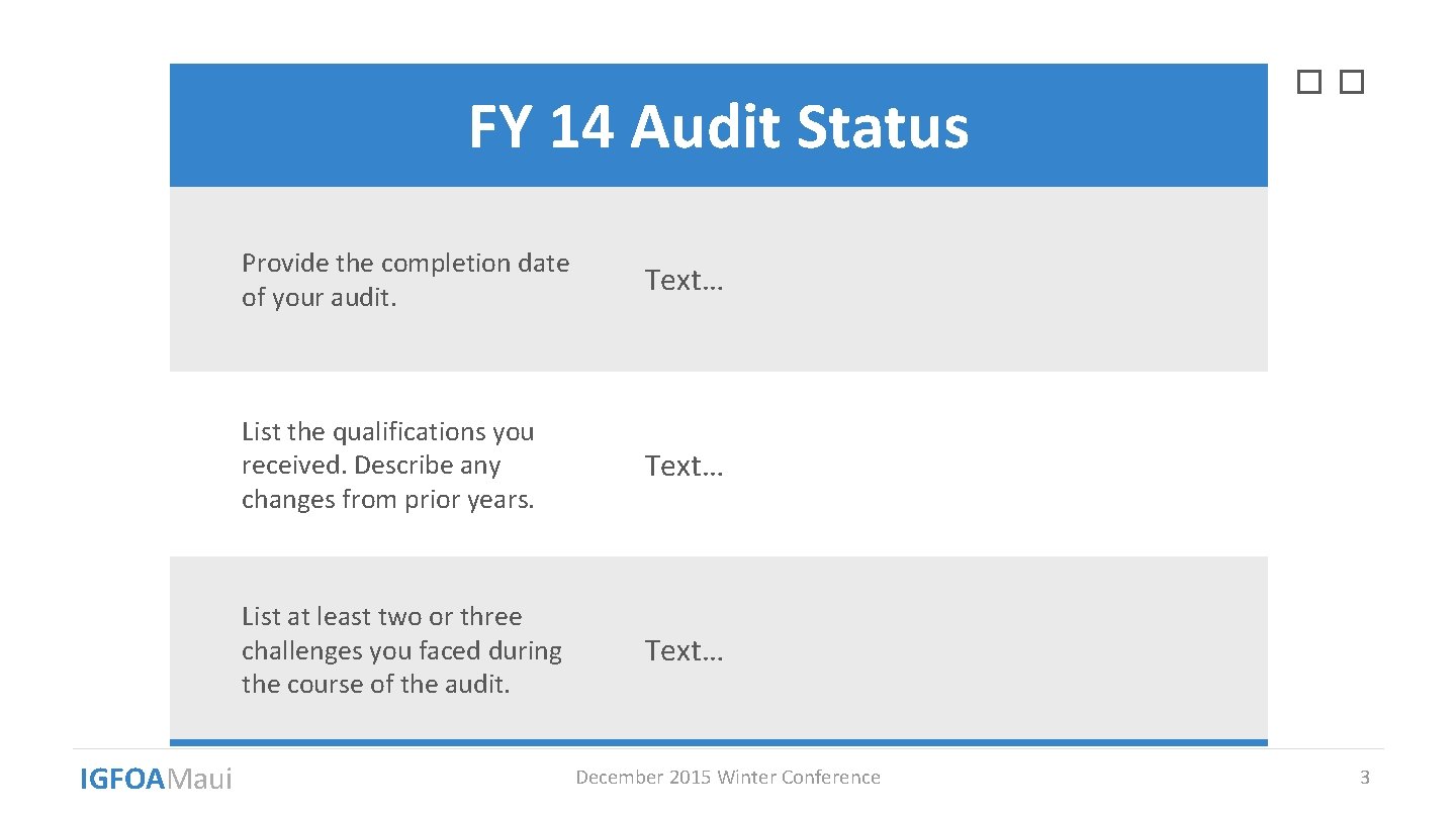 FY 14 Audit Status IGFOAMaui Provide the completion date of your audit. Text… List