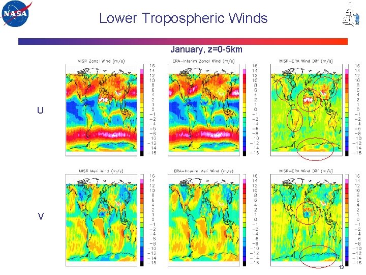Lower Tropospheric Winds January, z=0 -5 km U V 13 