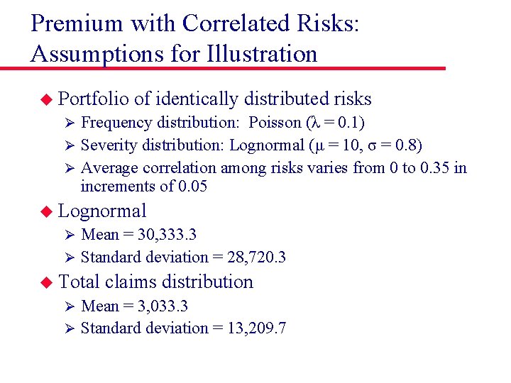 Premium with Correlated Risks: Assumptions for Illustration u Portfolio of identically distributed risks Frequency
