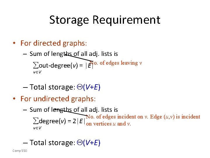 Storage Requirement • For directed graphs: – Sum of lengths of all adj. lists