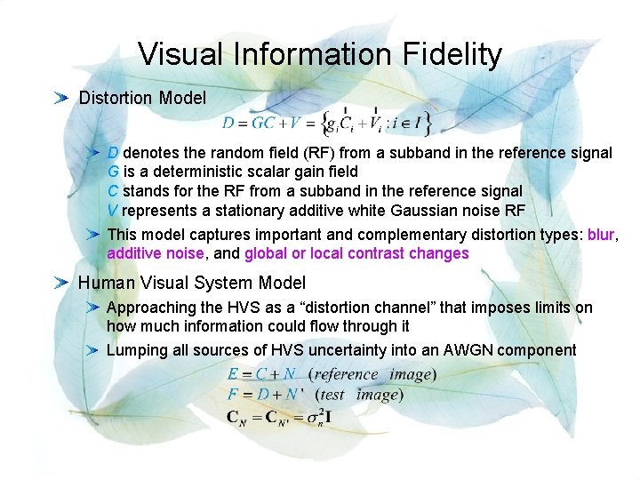 Visual Information Fidelity Distortion Model D denotes the random field (RF) from a subband