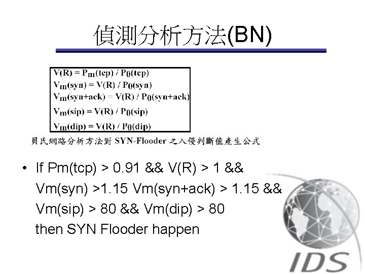 偵測分析方法(BN) • If Pm(tcp) > 0. 91 && V(R) > 1 && Vm(syn) >1.