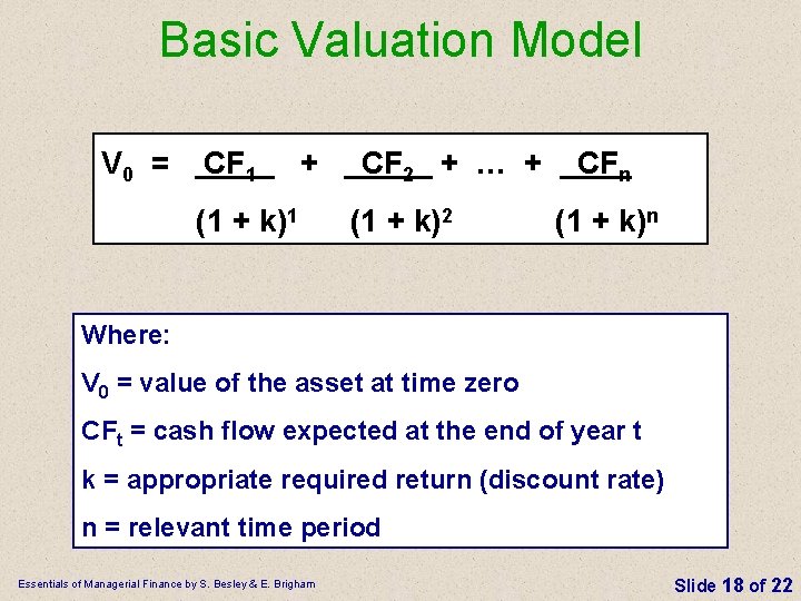 Basic Valuation Model V 0 = CF 1 + (1 + k)1 CF 2