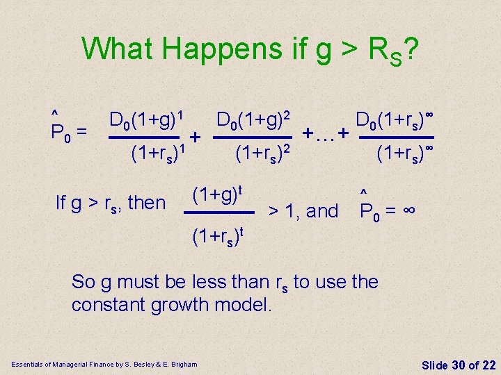 What Happens if g > RS? ^ P 0 = D 0(1+g)1 D 0(1+g)2