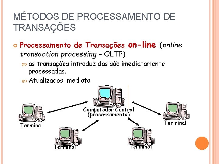 MÉTODOS DE PROCESSAMENTO DE TRANSAÇÕES Processamento de Transações on-line (online transaction processing – OLTP)