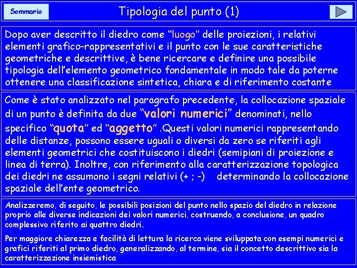 Sommario Tipologia del punto (1) Dopo aver descritto il diedro come “luogo” delle proiezioni,