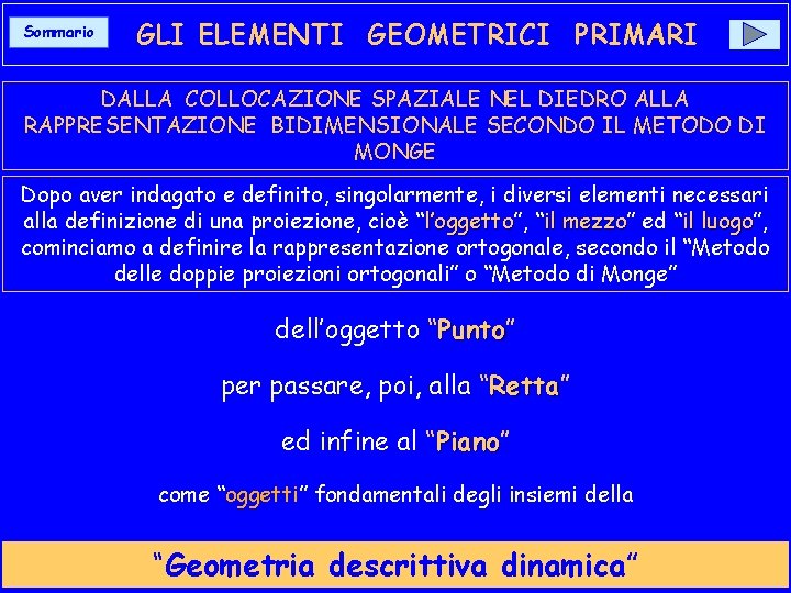 Sommario GLI ELEMENTI GEOMETRICI PRIMARI DALLA COLLOCAZIONE SPAZIALE NEL DIEDRO ALLA RAPPRESENTAZIONE BIDIMENSIONALE SECONDO Sommario GLI ELEMENTI GEOMETRICI PRIMARI DALLA COLLOCAZIONE SPAZIALE NEL DIEDRO ALLA RAPPRESENTAZIONE BIDIMENSIONALE SECONDO