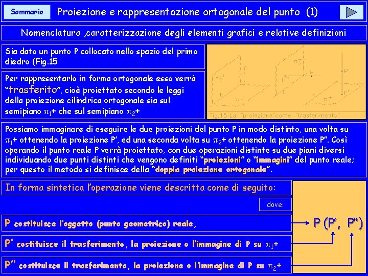 Sommario Proiezione e rappresentazione ortogonale del punto (1) Nomenclatura , caratterizzazione degli elementi grafici