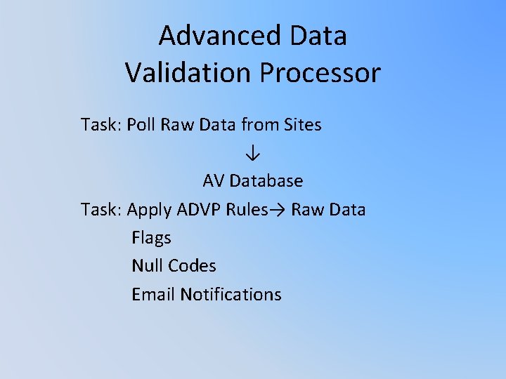 Advanced Data Validation Processor Task: Poll Raw Data from Sites ↓ AV Database Task: