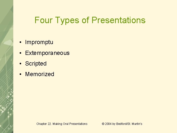 Four Types of Presentations • Impromptu • Extemporaneous • Scripted • Memorized Chapter 22.