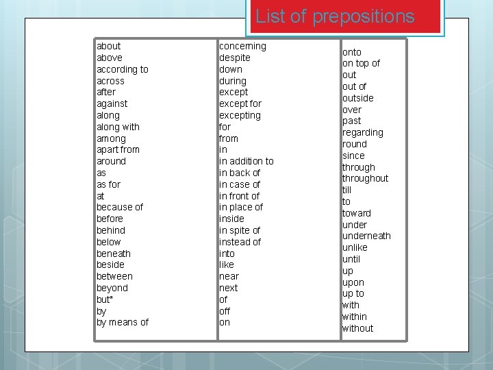 List of prepositions about above according to across after against along with among apart List of prepositions about above according to across after against along with among apart