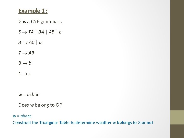 Example 1 : G is a CNF grammar : S TA | BA |