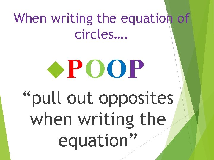 When writing the equation of circles…. POOP “pull out opposites when writing the equation”