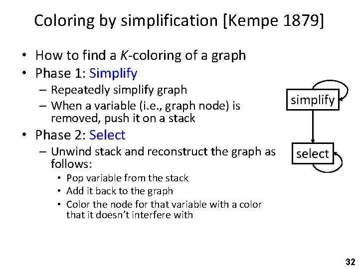Coloring by simplification [Kempe 1879] • How to find a K-coloring of a graph