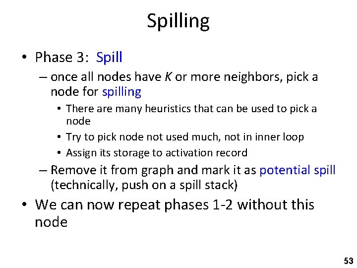 Spilling • Phase 3: Spill – once all nodes have K or more neighbors,