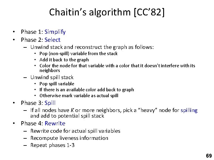 Chaitin’s algorithm [CC’ 82] • Phase 1: Simplify • Phase 2: Select – Unwind