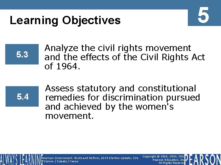 5 Learning Objectives 5. 3 5. 4 Analyze the civil rights movement and the