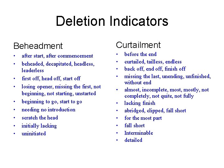 Deletion Indicators Beheadment Curtailment • • • • after start, after commencement beheaded, decapitated,