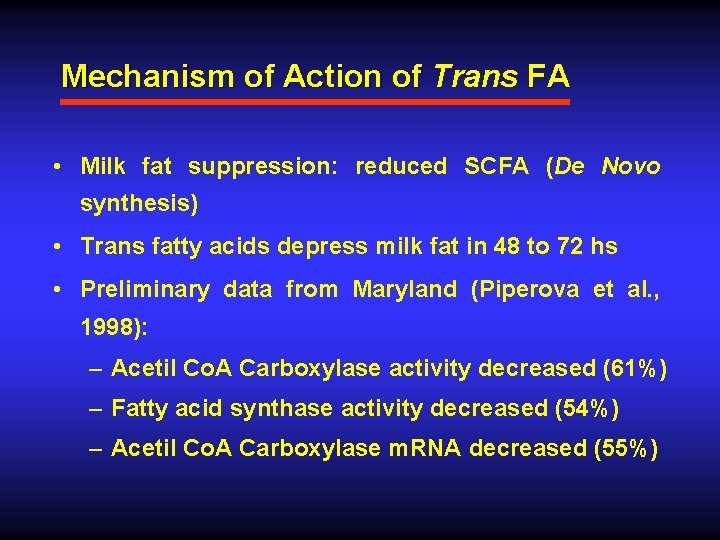 Mechanism of Action of Trans FA • Milk fat suppression: reduced SCFA (De Novo