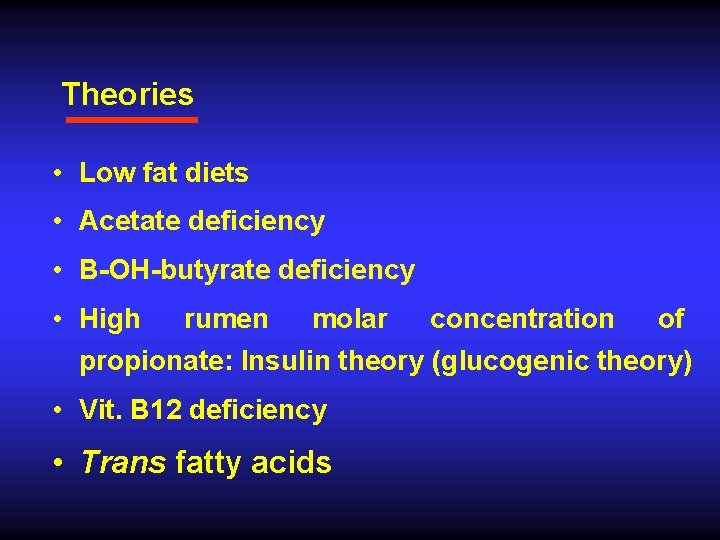 Theories • Low fat diets • Acetate deficiency • B-OH-butyrate deficiency • High rumen