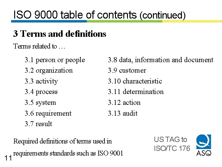 ISO 9000 table of contents (continued) 3 Terms and definitions Terms related to …