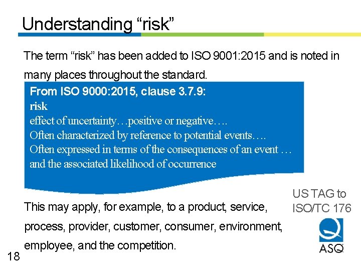 Understanding “risk” The term “risk” has been added to ISO 9001: 2015 and is