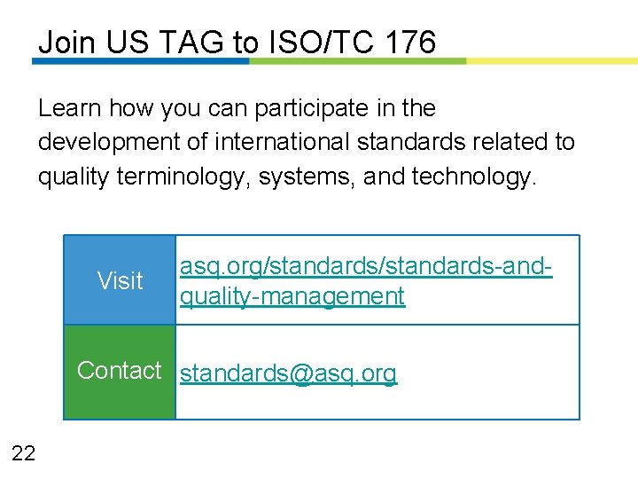 Join US TAG to ISO/TC 176 Learn how you can participate in the development