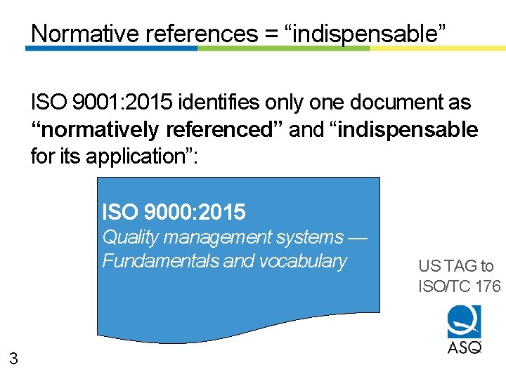 Normative references = “indispensable” ISO 9001: 2015 identifies only one document as “normatively referenced”