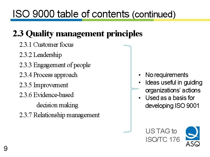 ISO 9000 table of contents (continued) 2. 3 Quality management principles 2. 3. 1